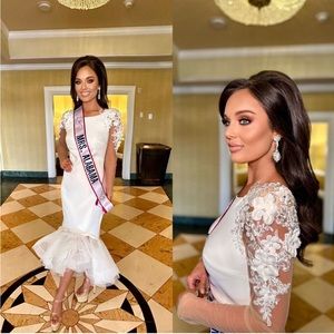 Bridal White sheer sleeves flower wedding dress engagement dress tulle custom